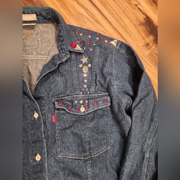 Vintage Levis Cropped Jean Jacket Rhinestones Studded - Picture 8 of 15